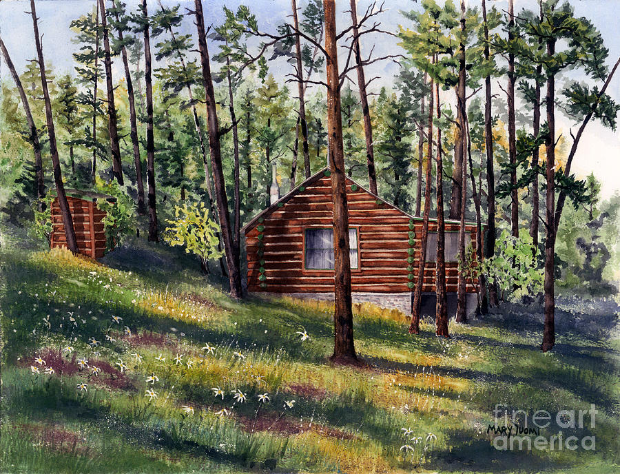 900x688 The Log Cabin Painting By Mary Tuomi - Log Cabin In The Woods Painting