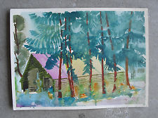 225x168 Vintage Original Indiana Artist Painting Pickett Log Cabin Woods - Log Cabin In The Woods Painting