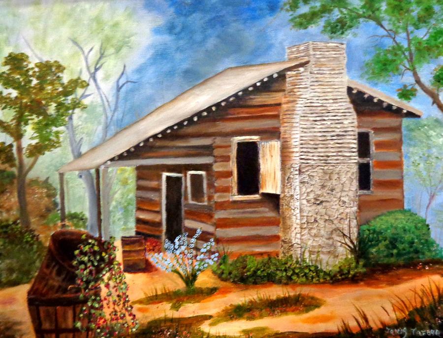 900x688 Cabin In The Woods Painting By Janis Tafoya - Log Cabin In The Woods Painting