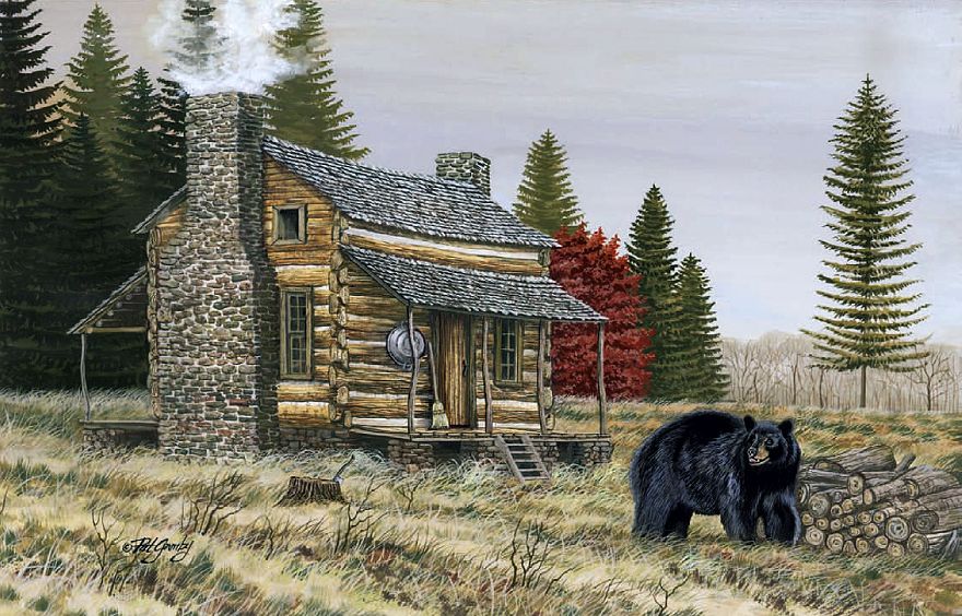 880x564 Log Cabin And Visitor Pat Gamby, Egg Tempera Artist Of Rural - Log Cabin Painting