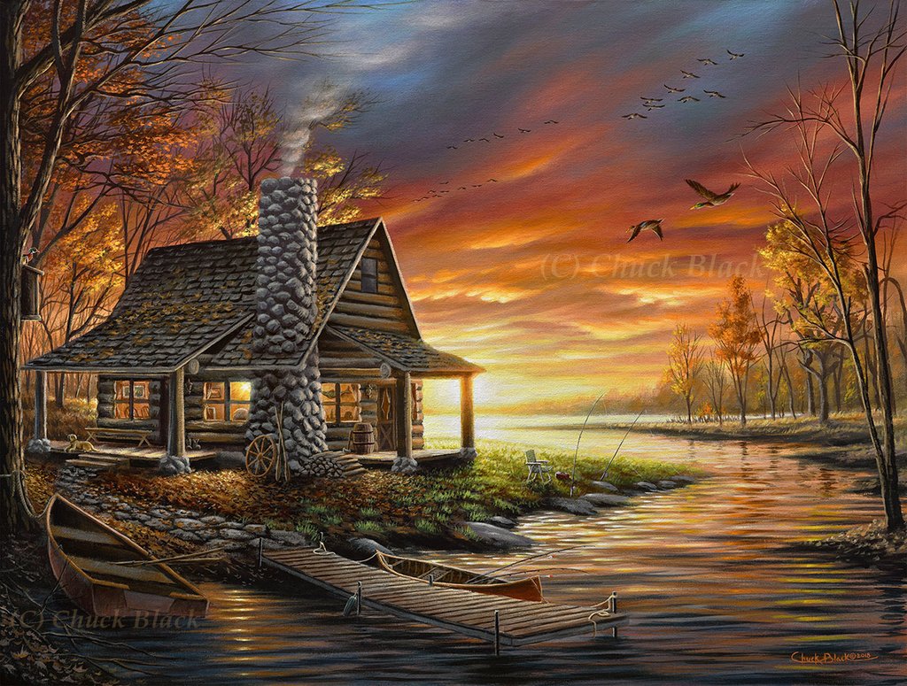 1024x775 Rustic Lake Cabin Painting - Log Cabin Painting