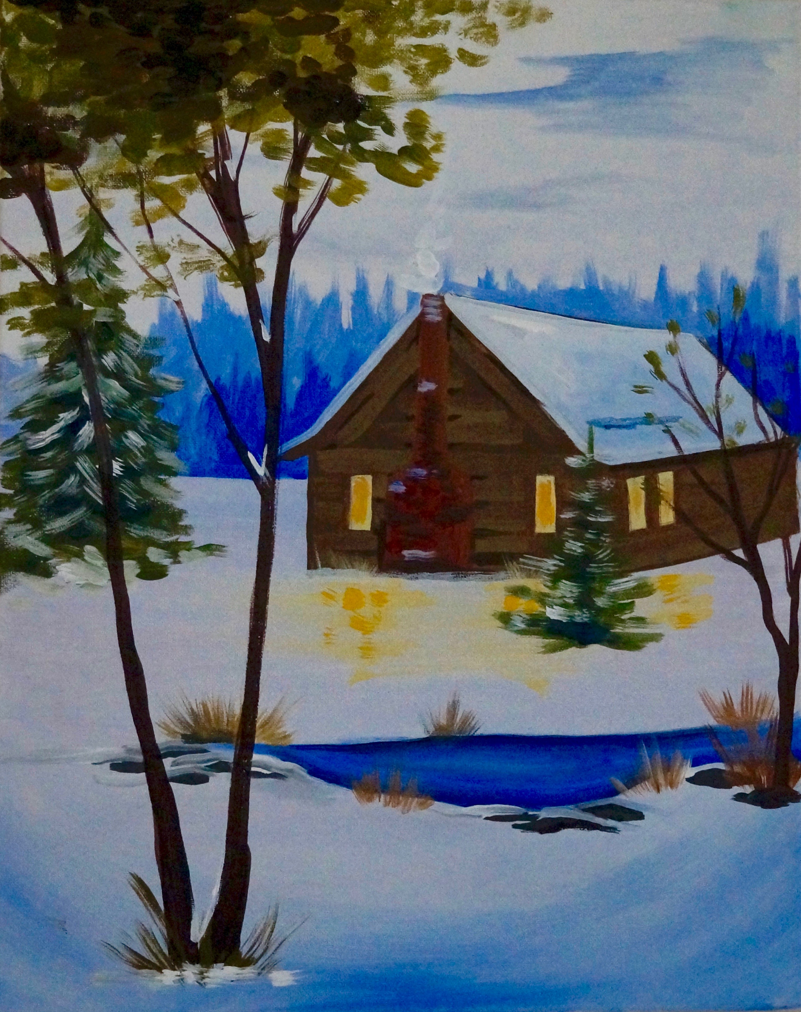2561x3235 Winter Log Cabin Oakville (Beginner) Paint With Me - Log Cabin Painting