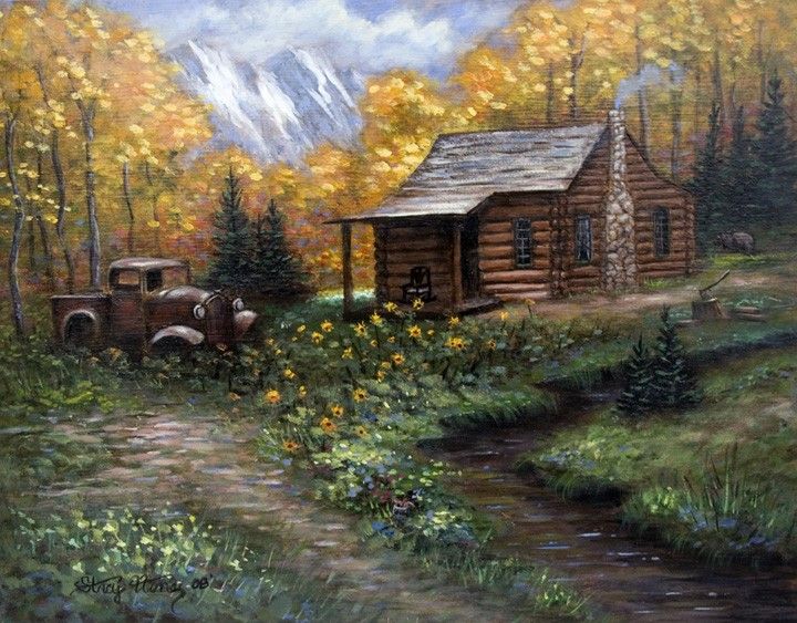 720x563 Log Cabin - Log Cabin Painting