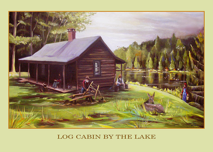 900x642 Log Cabin By The Lake Painting By Nancy Griswold - Log Cabin Painting