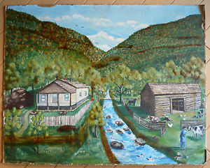 300x241 Old Folk Art Primitive Oil Painting Old Town On River Landscape - Log Painting