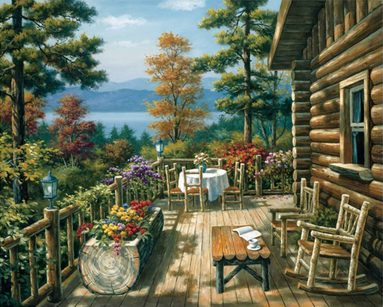 773x619 Sung Kim Log Cabin Porch Painting Anysize 50% Off - Log Painting
