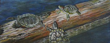 366x145 Three Turtles On A Log - Log Painting