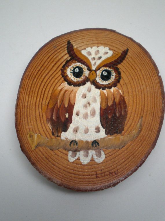 570x760 Vintage Owl Painting Rustic Birch Slice Of Wood Log With A Owl - Log Painting