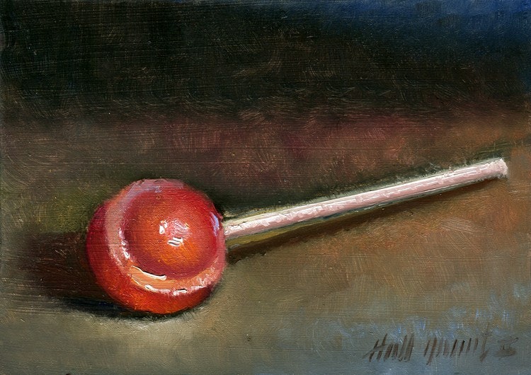 750x530 Red Lollipop 5x7 In. Original Oil On Panel By Artist Hall Groat Ii - Lollipop Painting