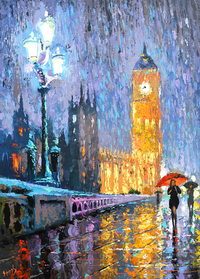 680x948 Night London In Rain, Oil Acr. Painting On Canvas By Dmitry Spiros - London Canvas Painting