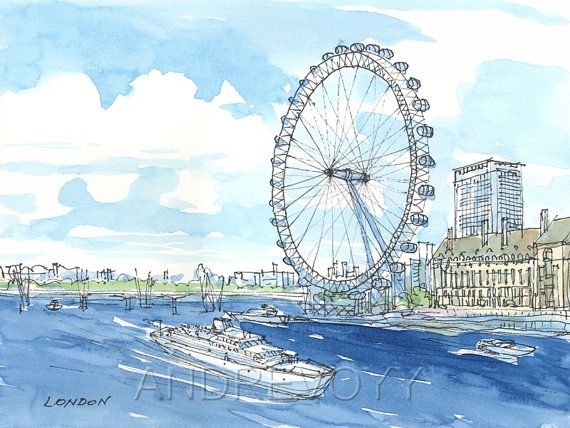 570x428 London Eye Thames Art Print From An Original Watercolor Painting - London Eye Painting