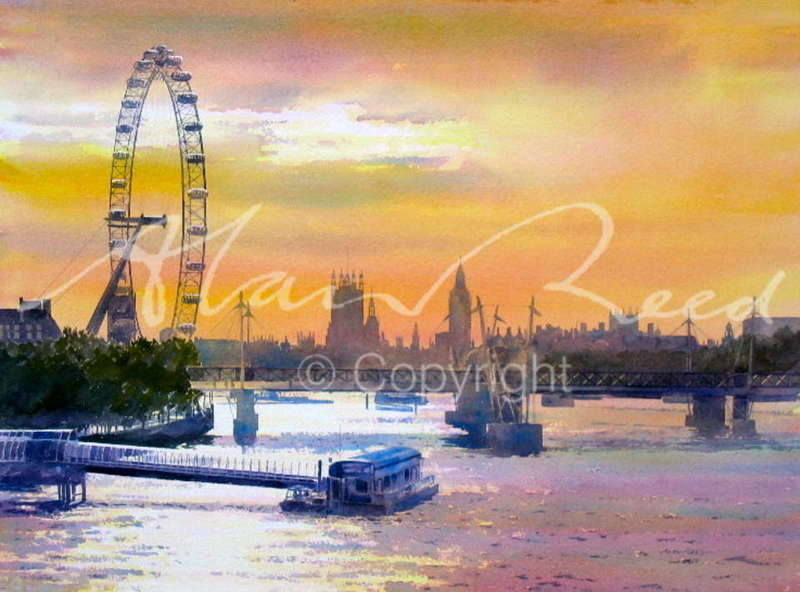 800x592 Original Alan Reed Watercolour London Eye Landmark River Thames - London Eye Painting