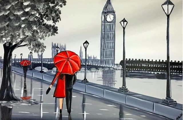 640x422 Aisha Haider Artwork Red London Umbrella 2 Original Painting - London Painting