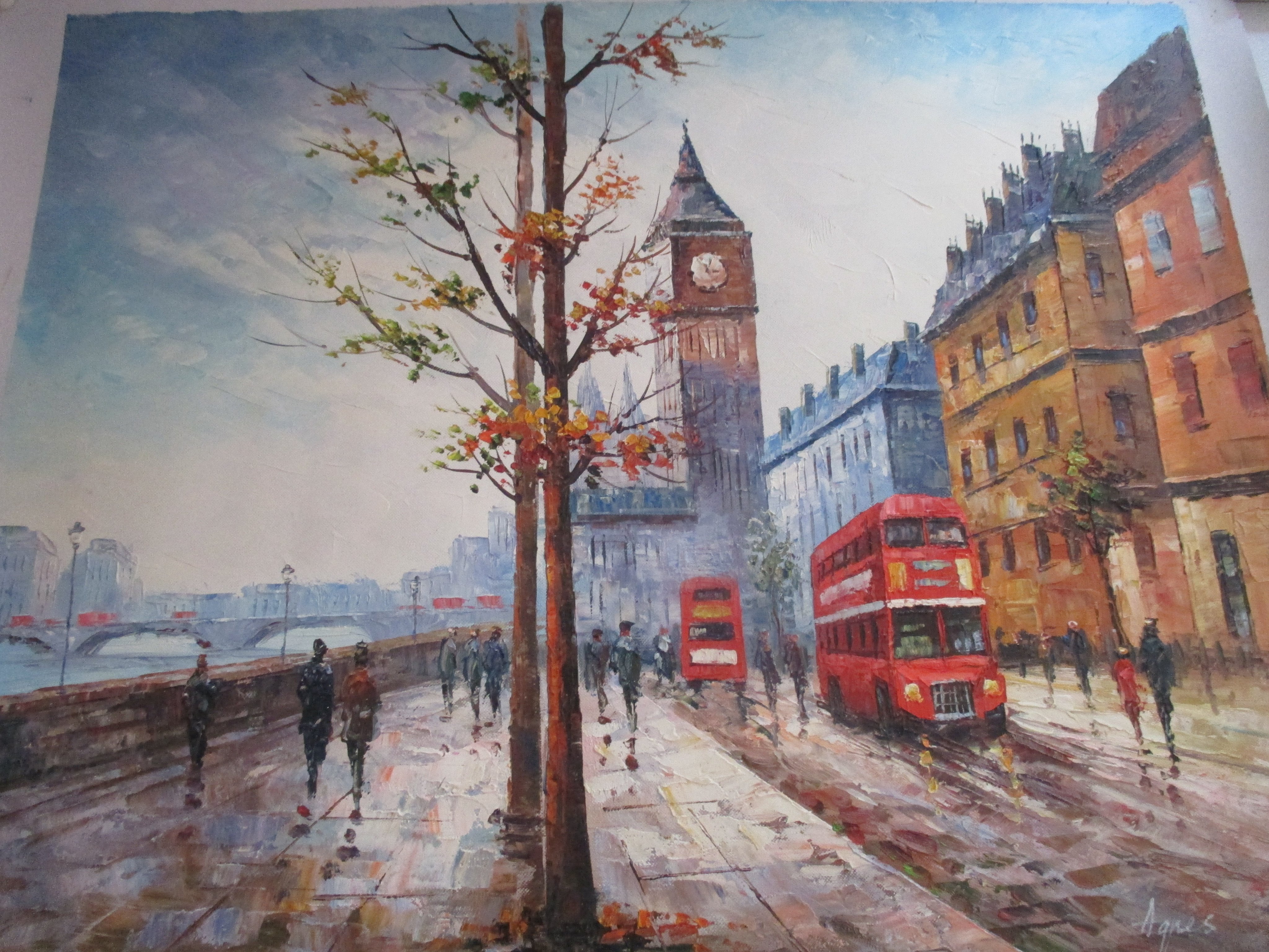 4096x3072 Beautiful Oil Painting Of London Bus On The Banks Of The River - London Painting