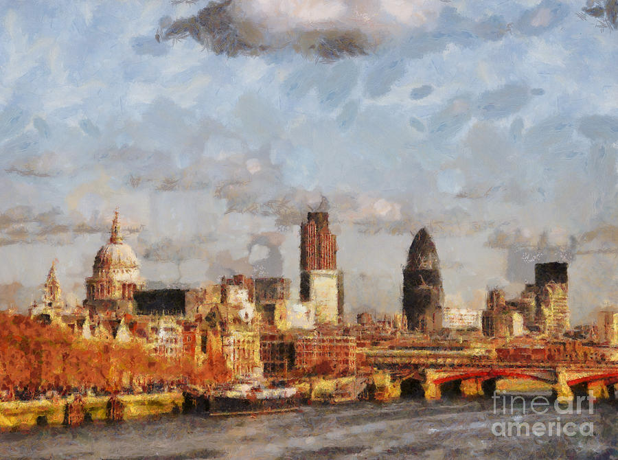 900x670 London Skyline From The River Painting By Pixel Chimp - London Skyline Painting