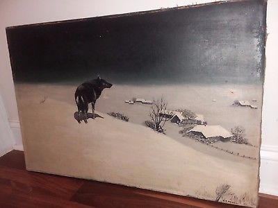 400x300 Lone Wolf Oil On Canvas Original Antique Painting After Alfred - Lone Wolf Painting By Kowalski