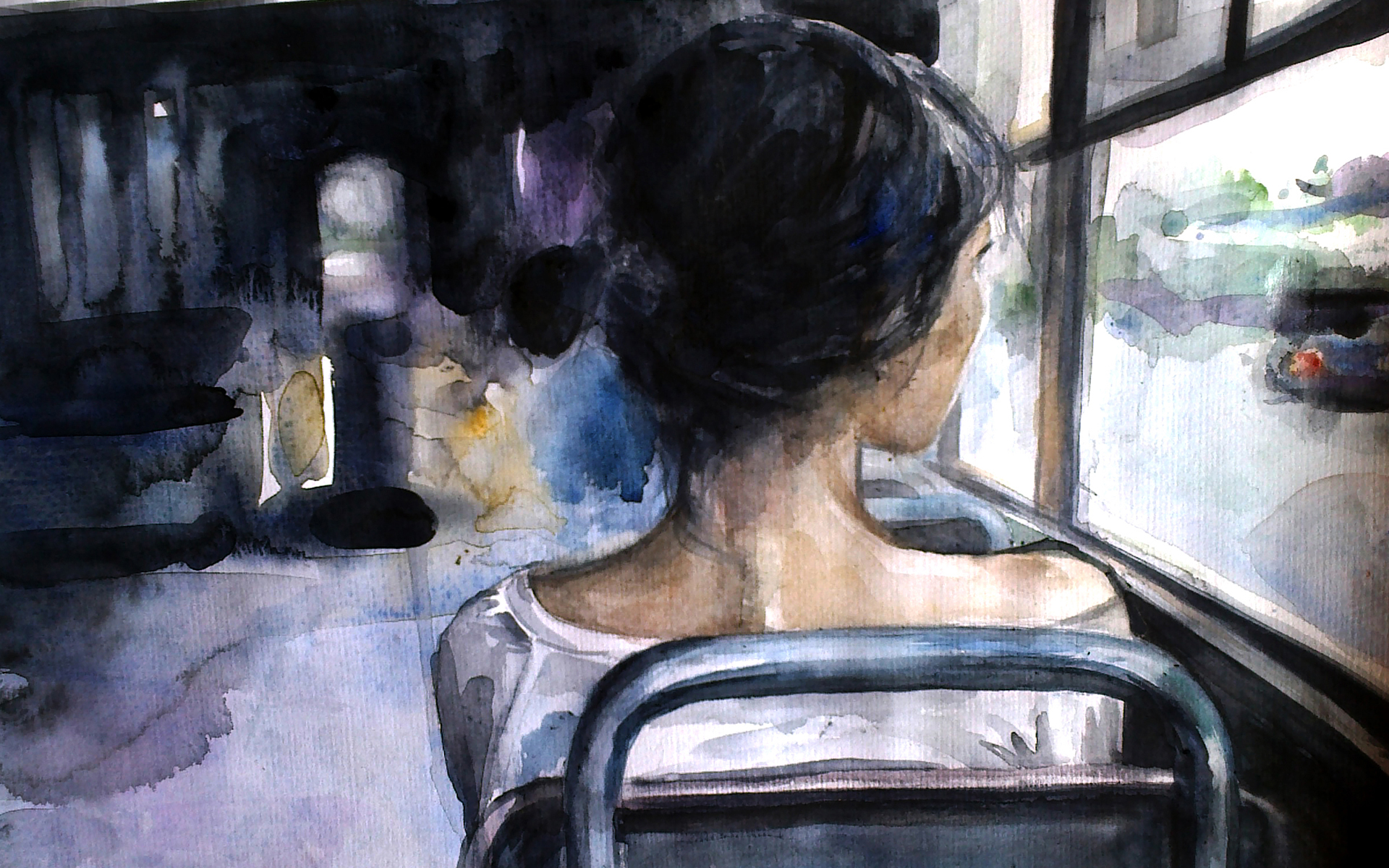 1920x1200 Lonely Girl Bus - Lonely Girl Painting