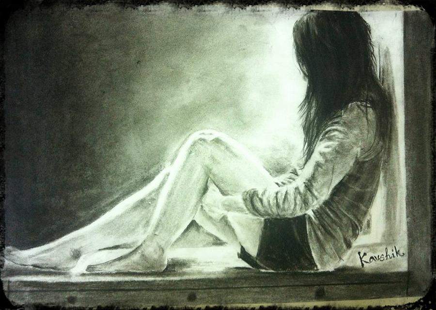 900x640 Realistic Charcoal Painting Of A Lonely Girl Drawing By Kaushik Varma - Lonely Girl Painting