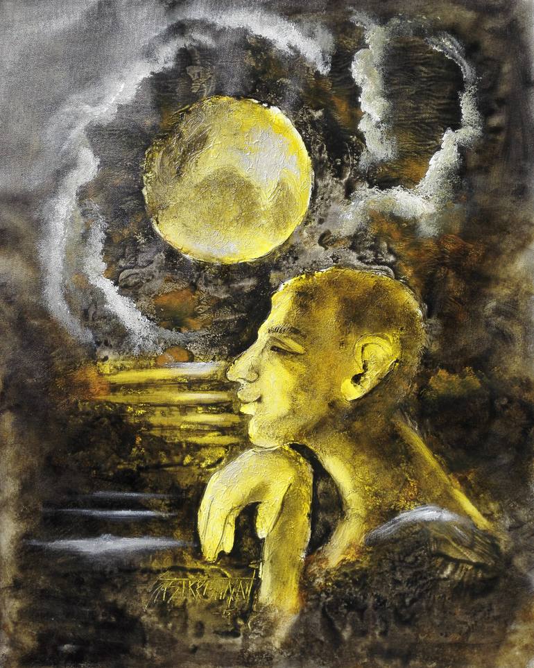 770x963 Saatchi Art The Moon And The Lonely Man Painting By Sasi Krishnan - Lonely Man Painting
