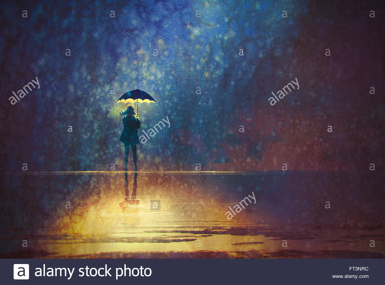 1300x965 Lonely Woman Under Umbrella Lights In The Dark,digital Painting - Lonely Woman Painting