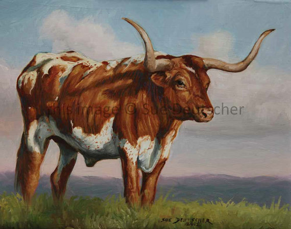 570x448 Texas Longhorn Steer Cattle Print From Painting - Longhorn Bull Painting