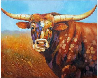 340x270 Hand Painted Impressionist Texas Longhorn Painting On Canvas - Longhorn Oil Painting