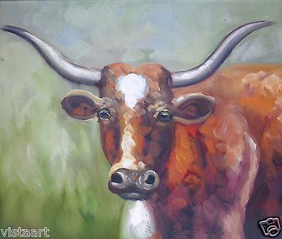 400x339 Oil Painting On Canvas Panel Longhorn W Vintage Style Wood - Longhorn Oil Painting