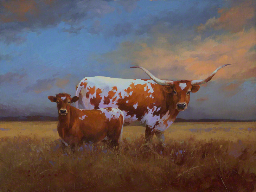 864x648 Portrait Of Longhorn And Calf Lyn Boyer - Longhorn Oil Painting