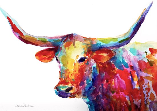 550x391 Colorful Texas Longhorn Watercolor Painting Svetlana Novikova - Longhorn Painting