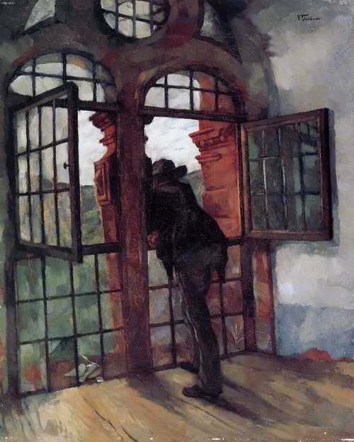 500x624 Wilhelm Man Looking Out Of A Window - Looking Out The Window Painting