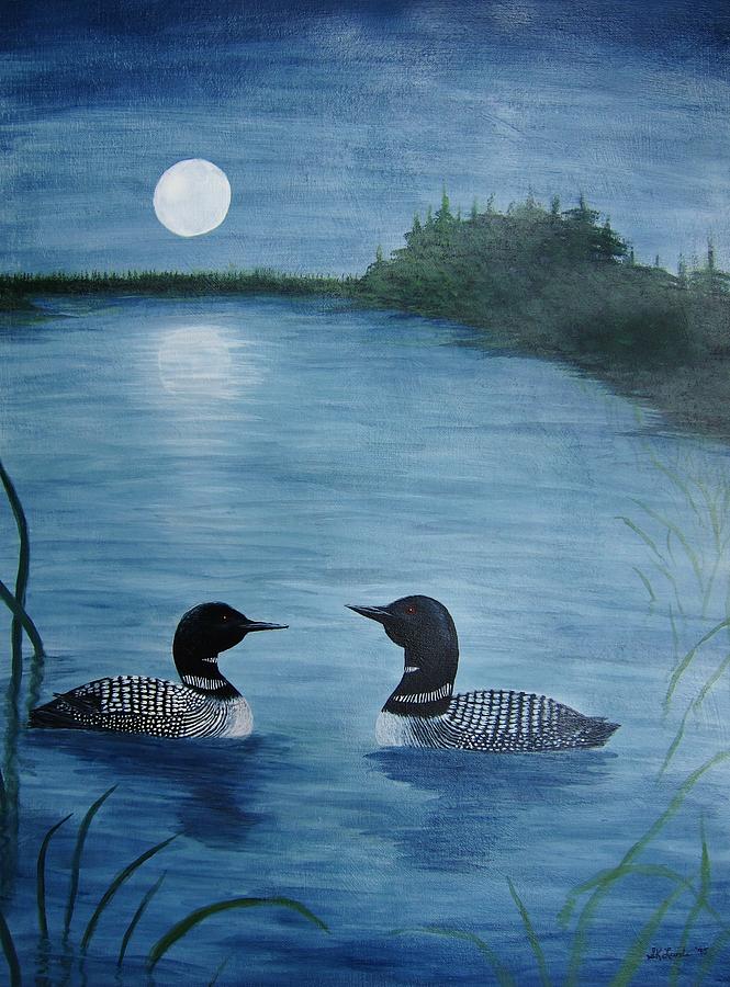 665x900 Full Moon Loon Painting By Sandra Lunde - Loon Painting