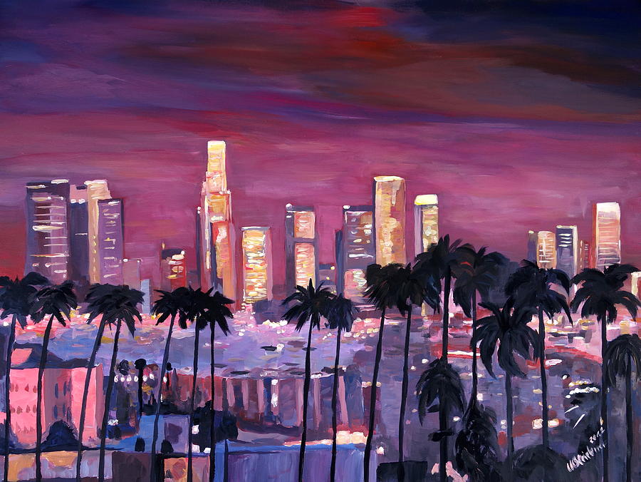 900x676 Los Angeles With Golden Skyline Painting By M Bleichner - Los Angeles Painting