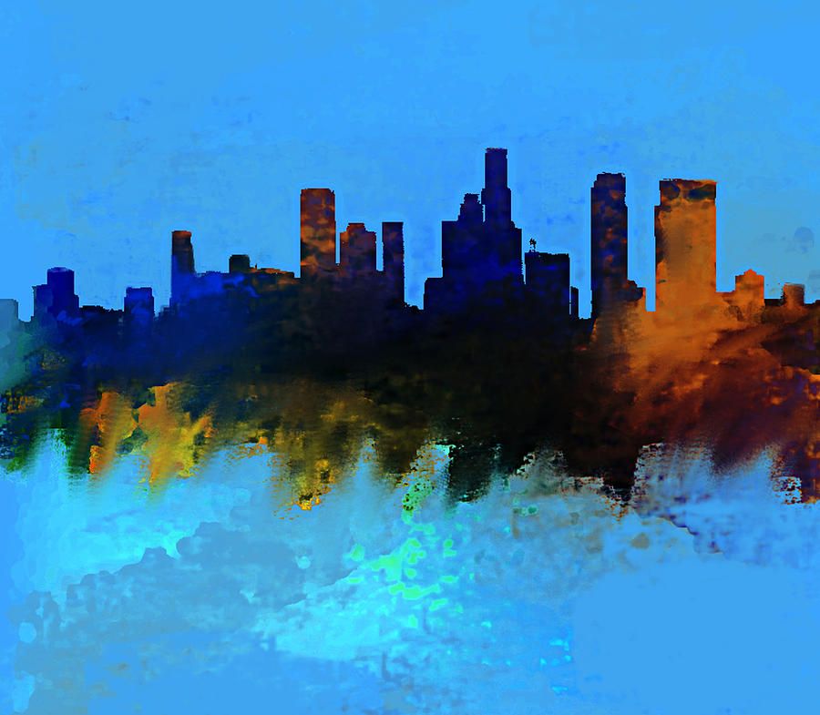 900x785 Los Angeles Blue And Gold Skyline Painting By Enki Art Fine Art - Los Angeles Skyline Painting