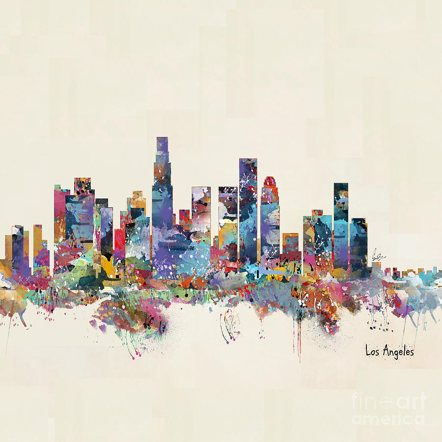 900x900 Los Angeles California Skyline Painting By Bleu Bri - Los Angeles Skyline Painting