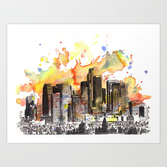 550x550 Los Angeles Cityscape Skyline Painting Art Print By Idillard - Los Angeles Skyline Painting