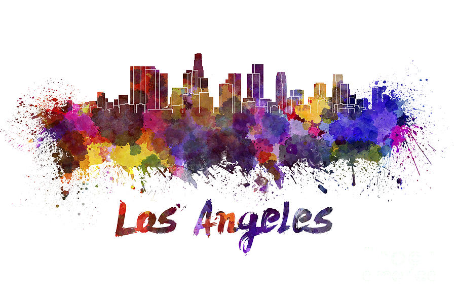 900x590 Los Angeles Skyline In Watercolor Painting By Pablo Romero - Los Angeles Skyline Painting