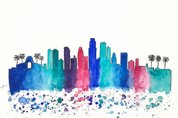 570x380 Los Angeles Skyline Watercolor Painting Travel By Nikspaintgallery - Los Angeles Skyline Painting