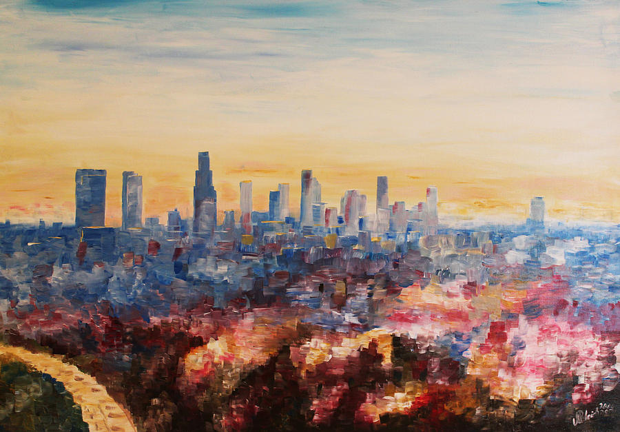 900x627 Downtown Los Angeles At Dusk Painting M Bleichner La Painting - Los Angeles Skyline Painting