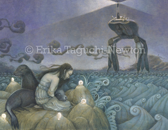 570x443 Selkie 16x12 Fine Art Print Seal Painting Lighthouse Art - Lost At Sea Painting