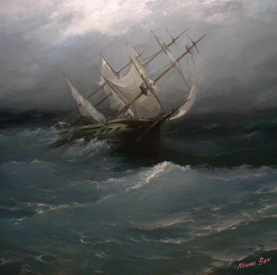 900x895 The Ship Lost At Sea Painting By Roman Ben - Lost At Sea Painting