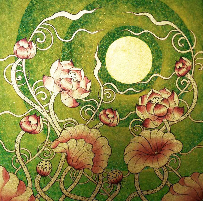 860x853 Lotus Flower Design Thai Golden Moon Royal Thai Art - Lotus Blossom Painting