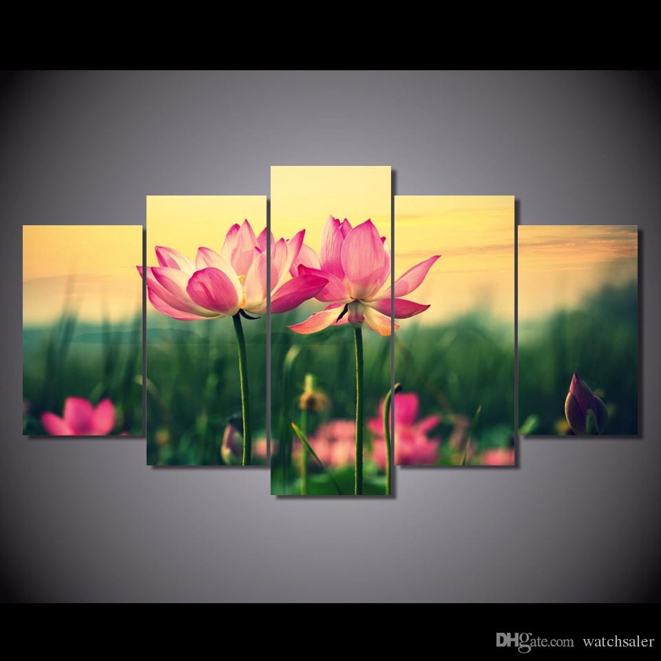 960x960 2018 Hd Printed Pink Lotus Flowers At Sunset Painting Canvas Print - Lotus Flower Oil Painting