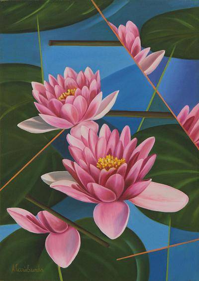 400x563 Signed Painting Pink Lotus Flowers Brazil Modern Art - Lotus Flower Painting