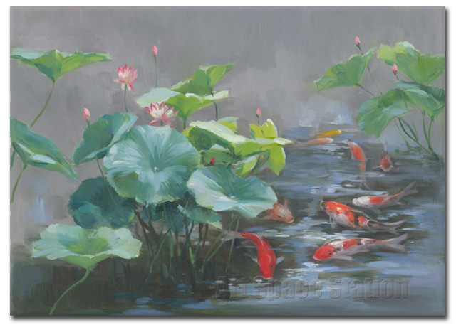 640x457 Large Oil Painting On Canvas Lotus Flowers Koi Origianl Landscape - Lotus Oil Painting