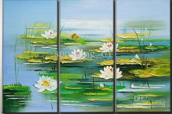 600x397 Lotus Pond Scenery Oil Group Paintings Morden Handmade Art - Lotus Oil Painting