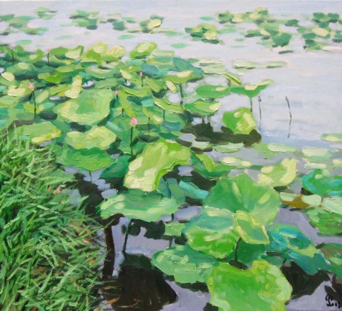 500x454 Lotus Pond, 24 X 28 Vietnamese Commission Original Oil Painting - Lotus Oil Painting