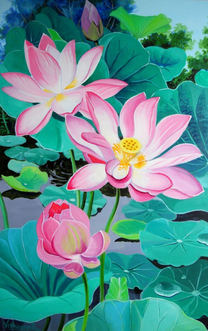 690x1097 Regular Pink Indian Lotus By Artist Vishwajyoti Mohrhoff - Lotus Painting