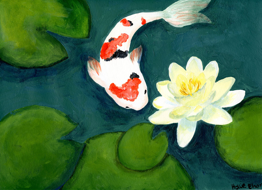 900x656 Coi And Lotus Painting By Holliewood1391 - Lotus Painting