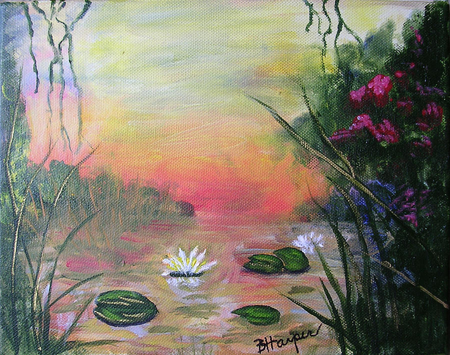 900x710 Lotus Pond Fantasy Painting By Barbara Harper - Lotus Pond Painting