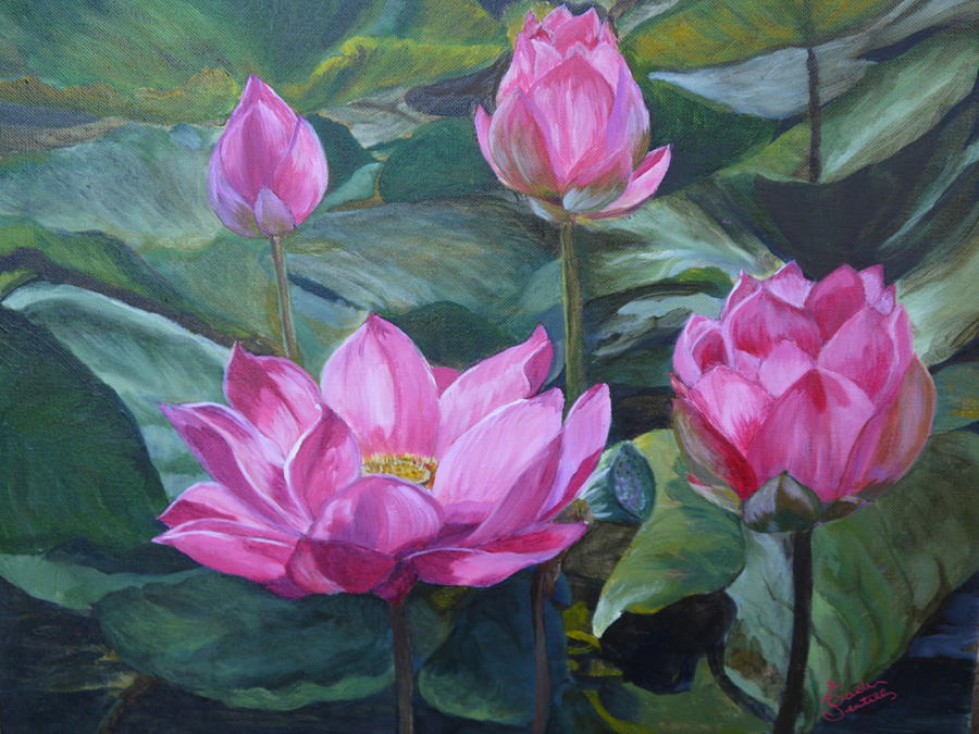 900x675 Lotus Pond Painting By Eade Sentell - Lotus Pond Painting